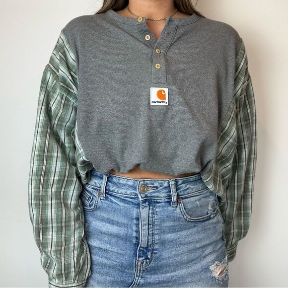 Carhartt Reworked Henley Long Sleeve Relaxed Western Green Plaid Shirt Top - Picture 3 of 4